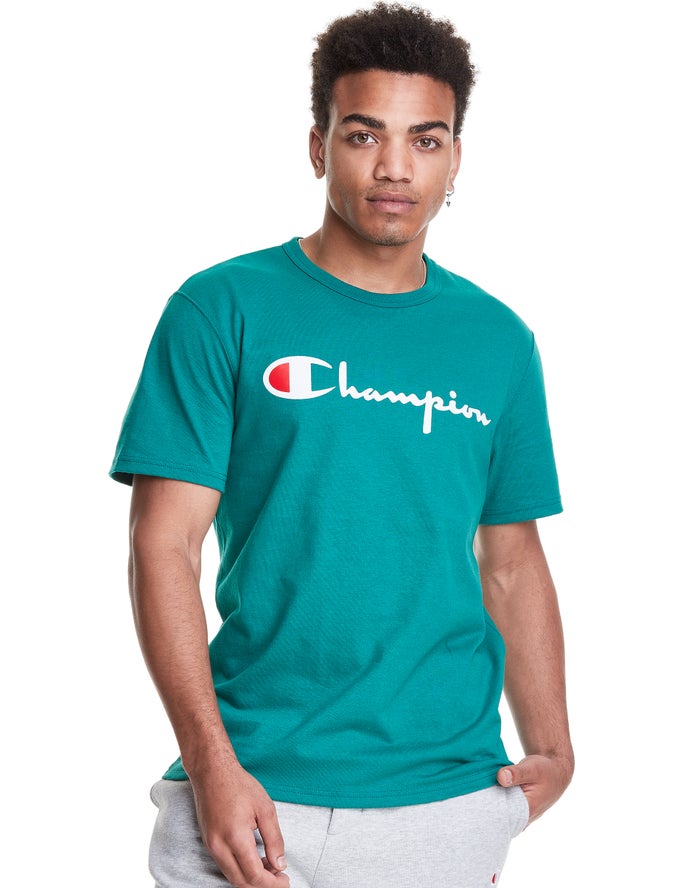 Champion Herre T-Shirts Turkis - Heritage Vintage Logo - Danmark QZJ-165897